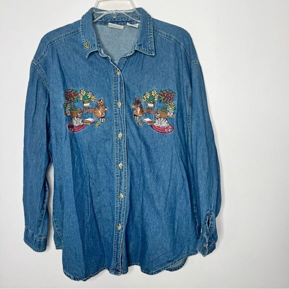 Vintage Bobbie Brook cat embroidery denim shirt size XL - Picture 1 of 5